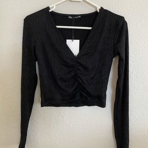 Zara Black Cropped Long Sleeve Ruched Top, M